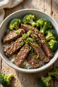 Beef and broccoli bowl with sliced beef, broccoli florets, white rice, green onions and sesame seeds