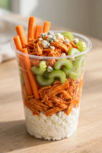 Buffalo chicken prep cup with blue cheese celery carrots and cottage cheese