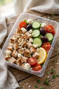 Buffalo chicken snack box with shredded chicken in buffalo sauce, blue cheese dressing, celery, carrots and cheddar cubes