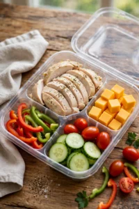 Chicken cheese and veggie snack box with sliced chicken breast, cheddar cubes, bell pepper strips and cherry tomatoes