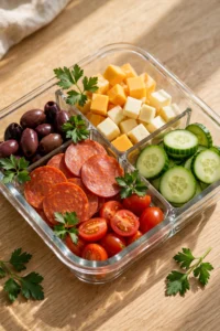 Chicken ranch snack box with diced chicken breast, ranch dressing dip, celery sticks, carrot sticks and cherry tomatoes