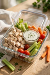 Classic turkey and cheddar snack box with rolled deli turkey, cheddar cubes, cucumber slices, cherry tomatoes and almonds in glass container