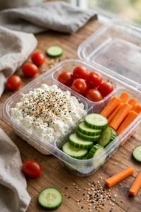 Cottage cheese and veggie snack box with everything bagel seasoning, cherry tomatoes, cucumbers and carrot sticks