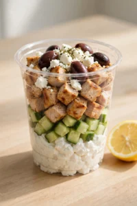 Greek chicken protein cup with feta olives cucumber and cottage cheese