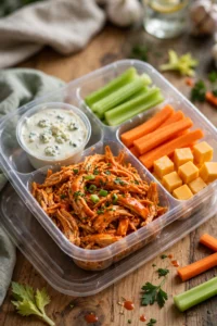 Greek chicken snack box with diced chicken, crumbled feta cheese, kalamata olives, cucumber slices and cherry tomatoes with lemon