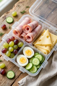 Ham Swiss and hard-boiled egg snack box with rolled ham, Swiss cheese, halved egg, cucumber slices and grapes