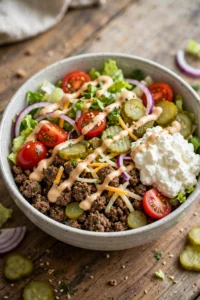  High-protein burger bowl with seasoned ground beef, lettuce, cherry tomatoes, pickles, red onion and shredded cheese