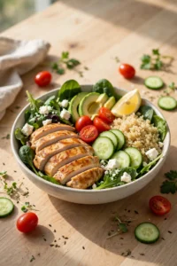 High-protein chicken bowl with grilled chicken breast, quinoa, cucumber, cherry tomatoes, avocado and feta cheese