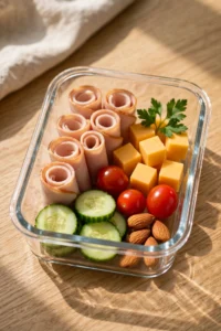 Pepperoni and cheese snack box with kalamata olives, mozzarella and cheddar cubes, cucumbers and cherry tomatoes
