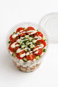 Ranch chicken protein cup with cottage cheese cucumber and cherry tomatoes
