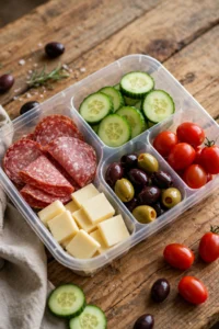 Salami and olive snack box with salami slices, provolone cheese, cucumbers, mixed olives and cherry tomatoes