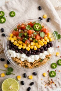 Southwest chicken cup with black beans corn salsa and cottage cheese
