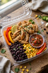 Southwest chicken snack box with shredded chicken, black beans, corn, salsa and bell pepper strips in meal prep container