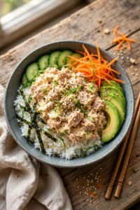 Tuna rice bowl with tuna mayo, white rice, shredded carrots, cucumber, avocado slices, seaweed and sesame seeds