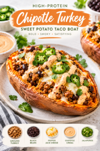 High-protein chipotle turkey sweet potato taco boat with black beans, pepper jack cheese and jalapeños
