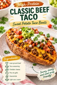 High-protein classic beef taco sweet potato boat with cheddar, pico de gallo, guacamole and sour cream