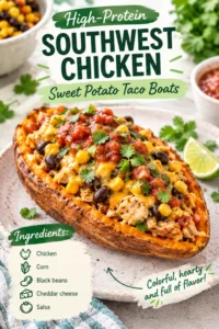 High-protein Southwest chicken sweet potato taco boat with corn, black beans, cheddar and salsa
